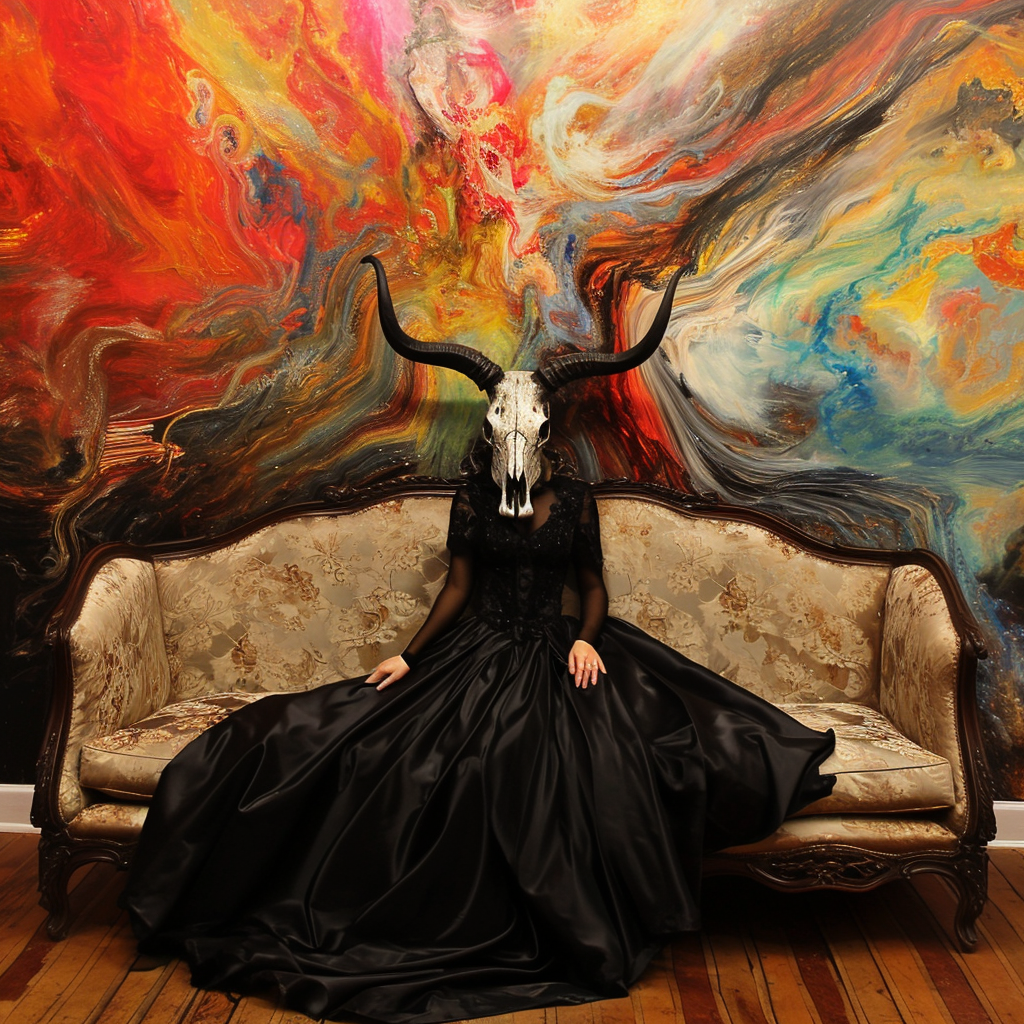 Lady in black dress with longhorn skull mask sitting on Victorian couch