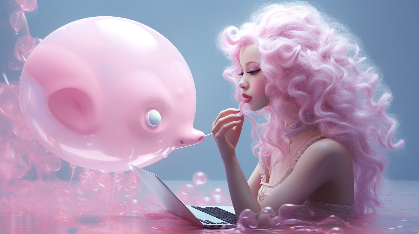 Bubblegum Lady blowing bubbles on a hairy computer mouse