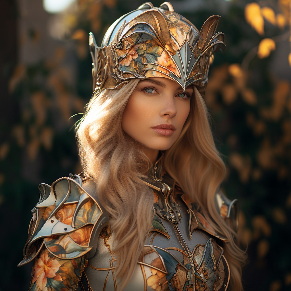 Lady Knight in Decorative Armor with Alphonse Mucha Face Paint