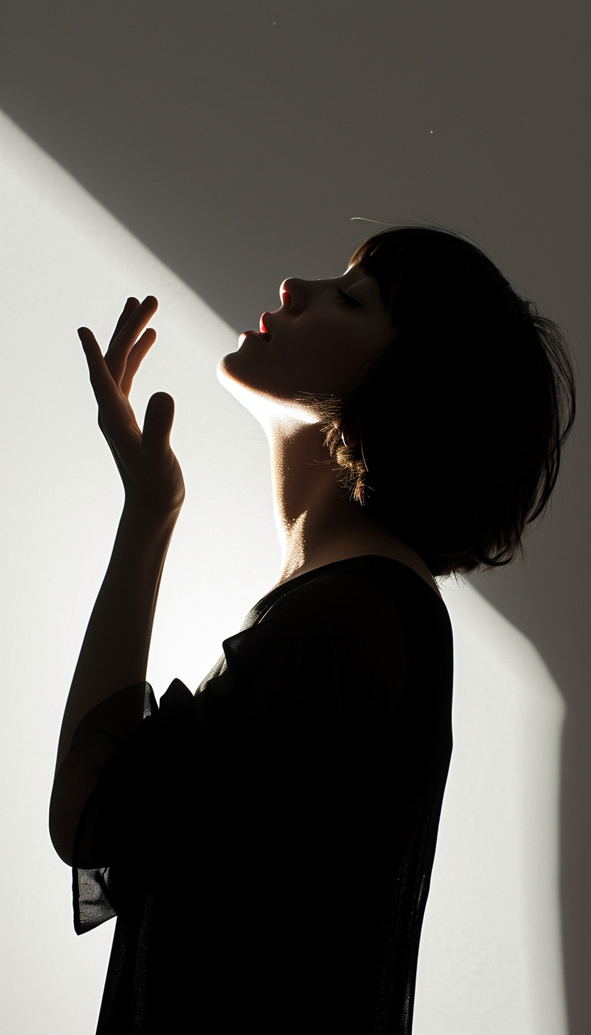 Lady searching for light on a white background