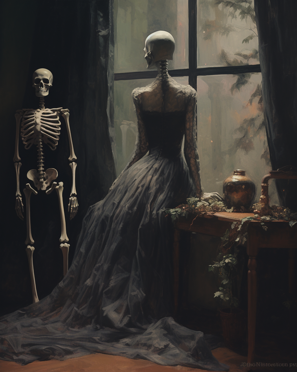 Antique oil painting of lady skeleton in room