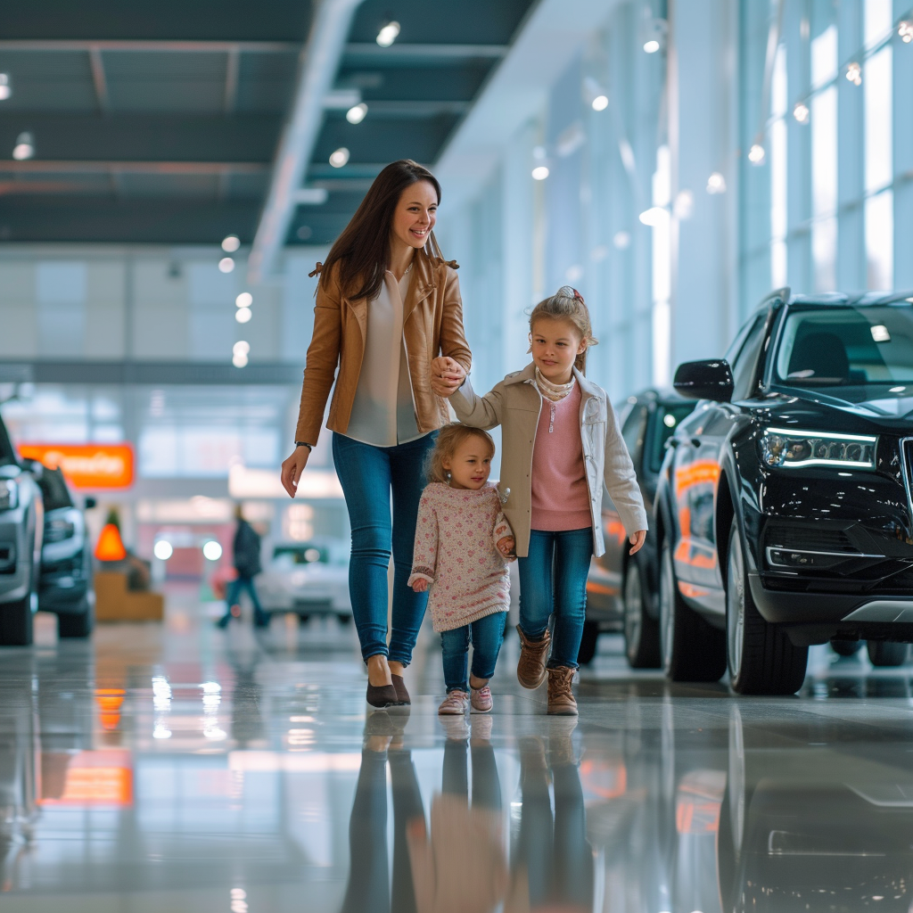 Lady with Two Kids at Car Dealership