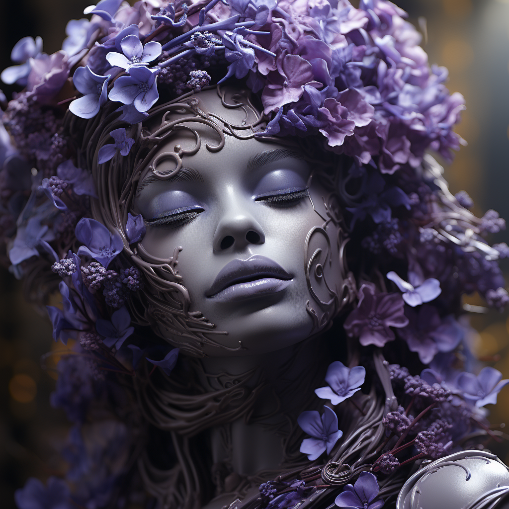 Woman covered in violet flowers