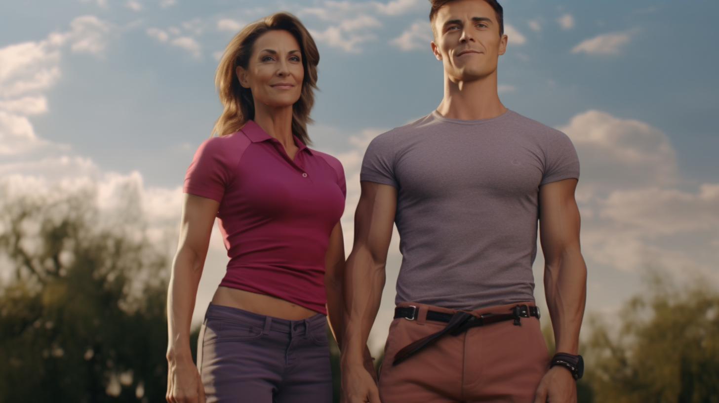 A fit lady standing with a young man with six-pack abs