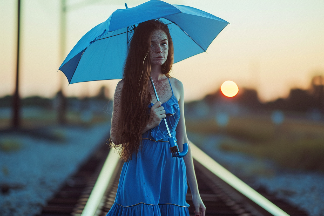 Beautiful lady in blue dress walking on railroad with umbrella