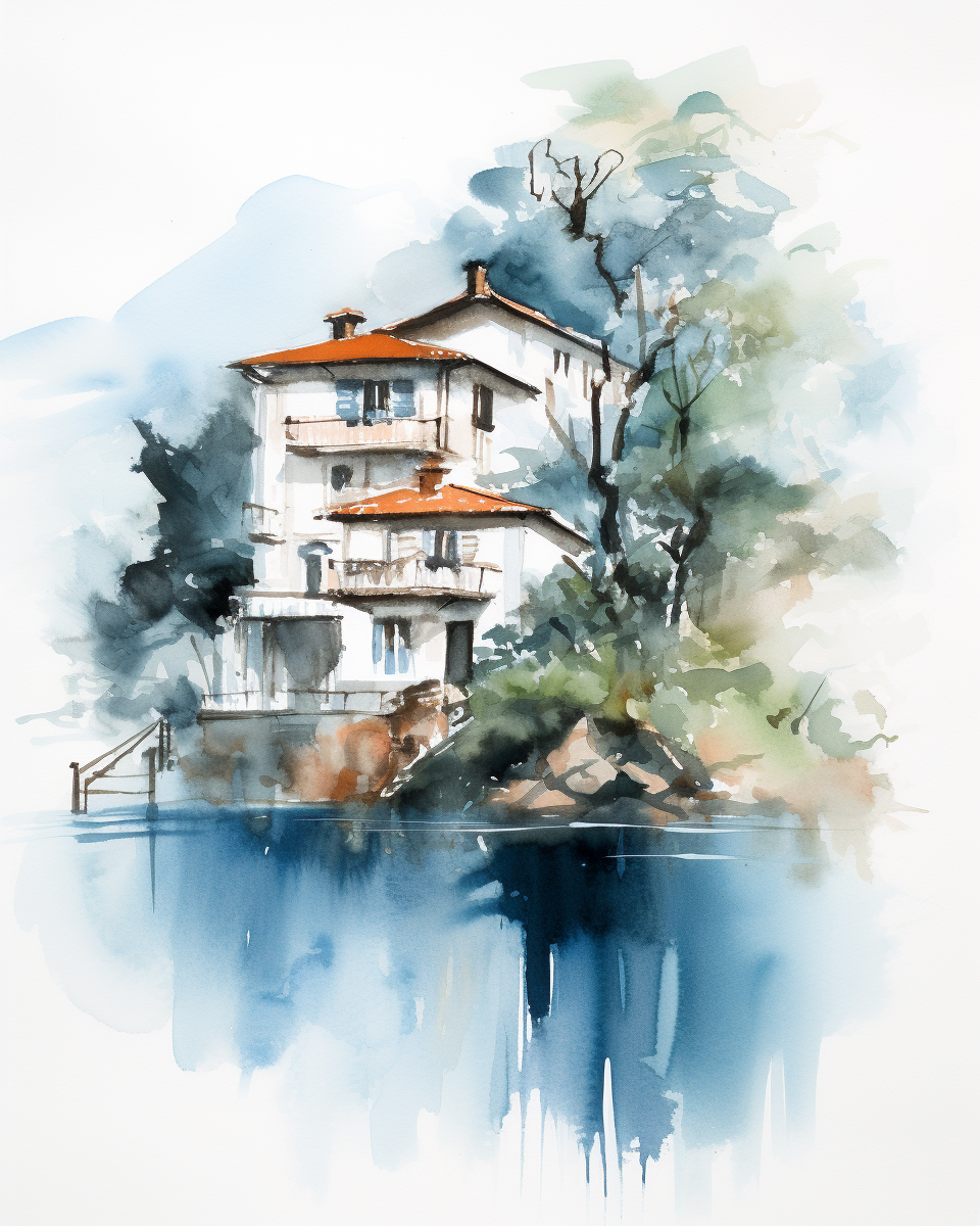 Expressive watercolor sketch of a mansion near Lake Como