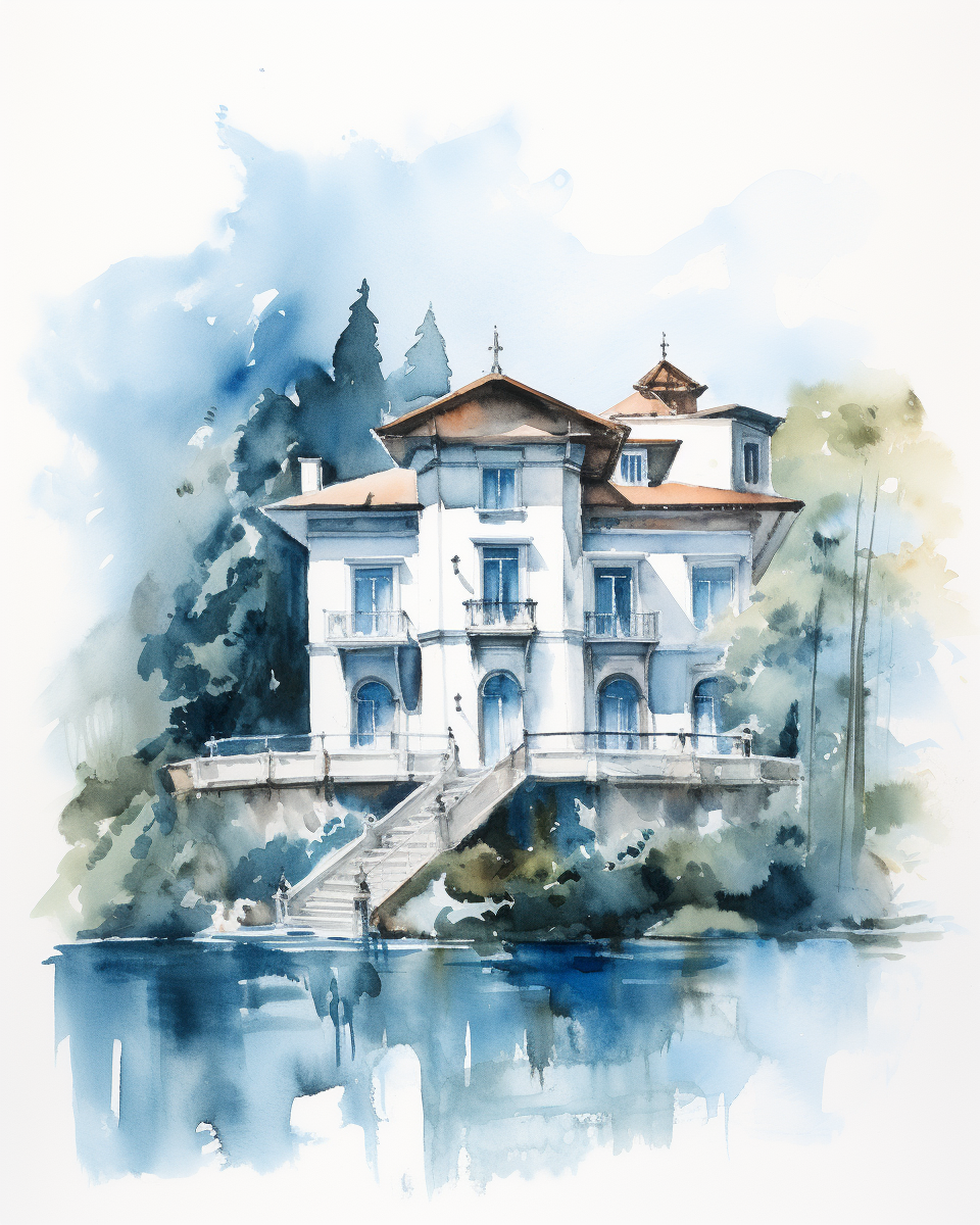 Minimalist watercolor sketch of mansion