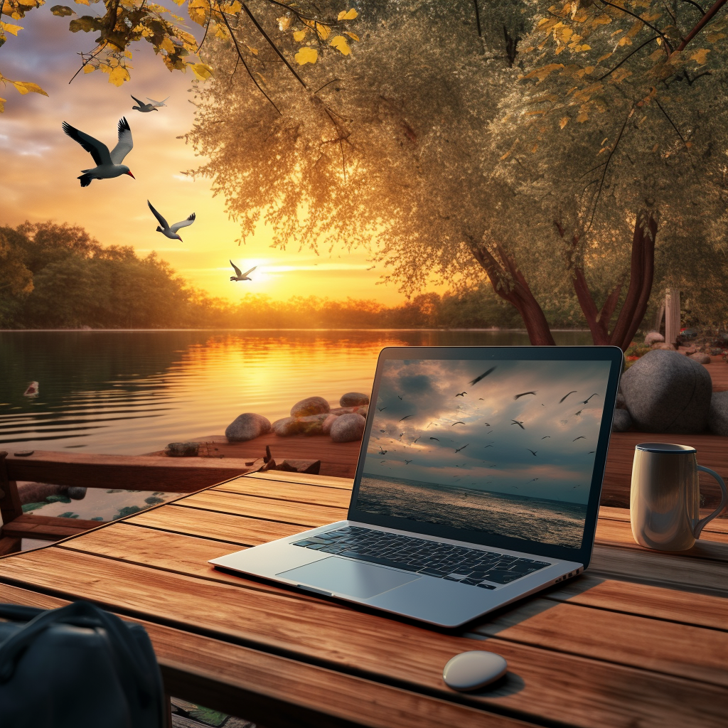 Peaceful lake scene with laptop, leaves, pen, and glasses