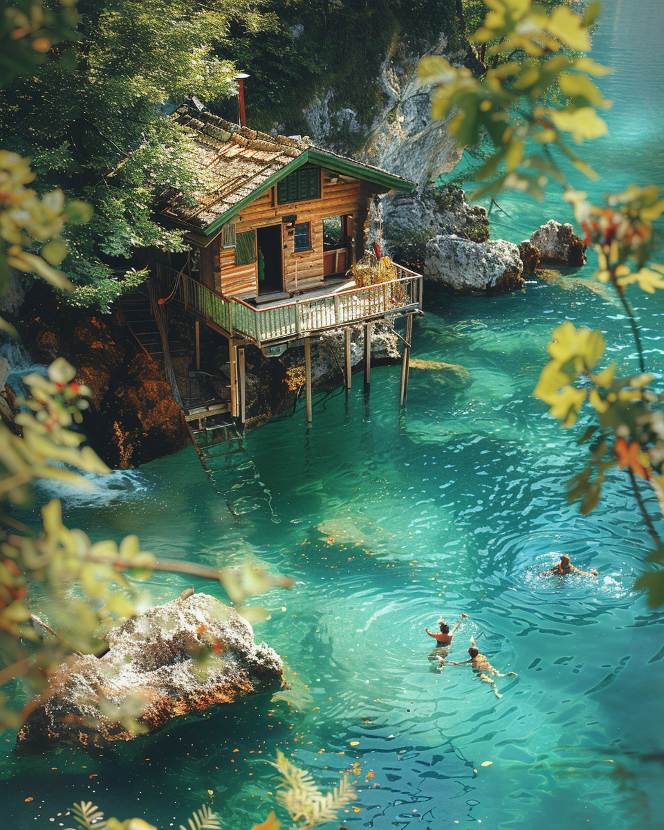 People swimming near platform on lake