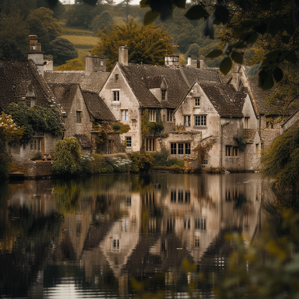 Lake reflecting medieval village