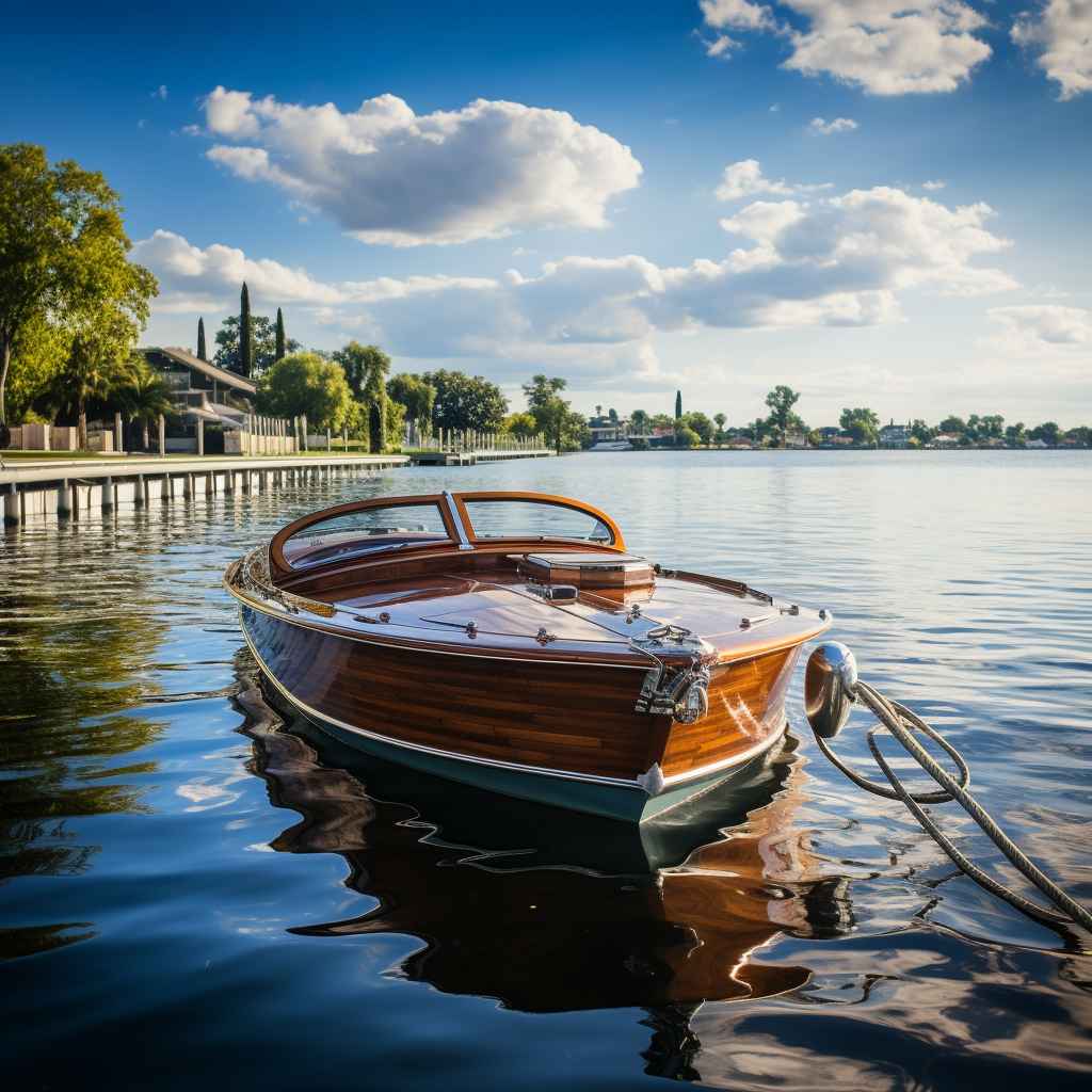 Motorboat approaching lake with dock and storage