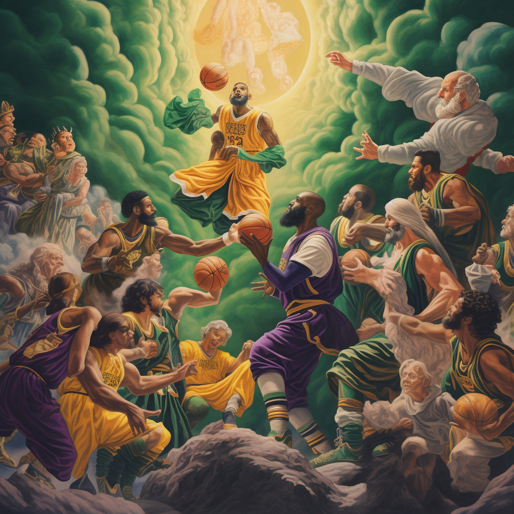 Midjourney Prompt - Lakers vs Celtics Sistine Chapel Style