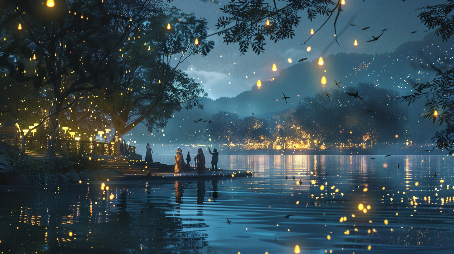 Lakeside Retreat with Holographic Fireflies Glow