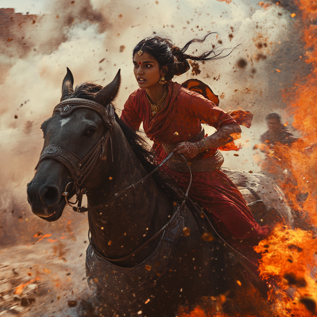 Lakshmi Bai escaping on horse with child