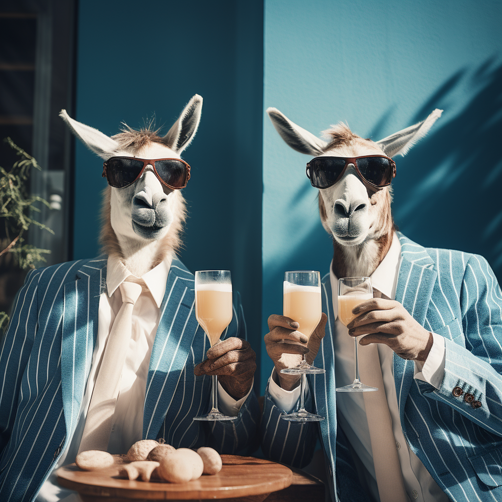 Two lamas celebrating with sparkling wine