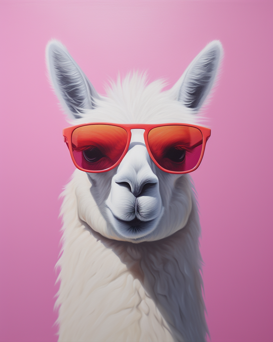 Surrealistic painting of a lama with sunglasses