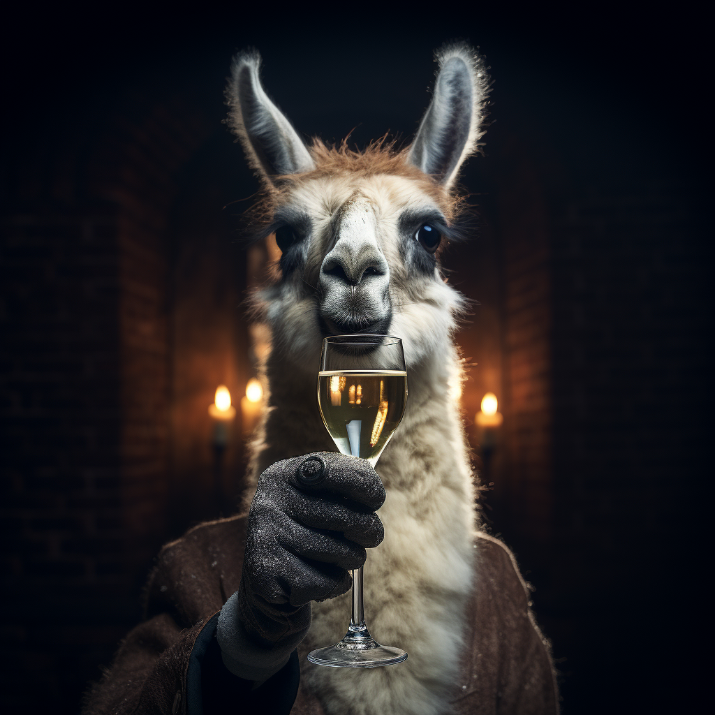 Lama toasting with sparkling wine glasses