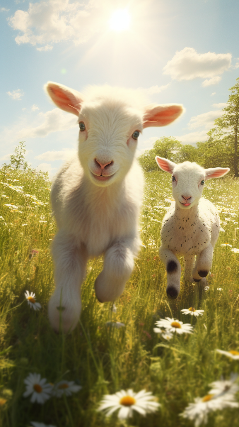 Baby goat and lamb frolicking