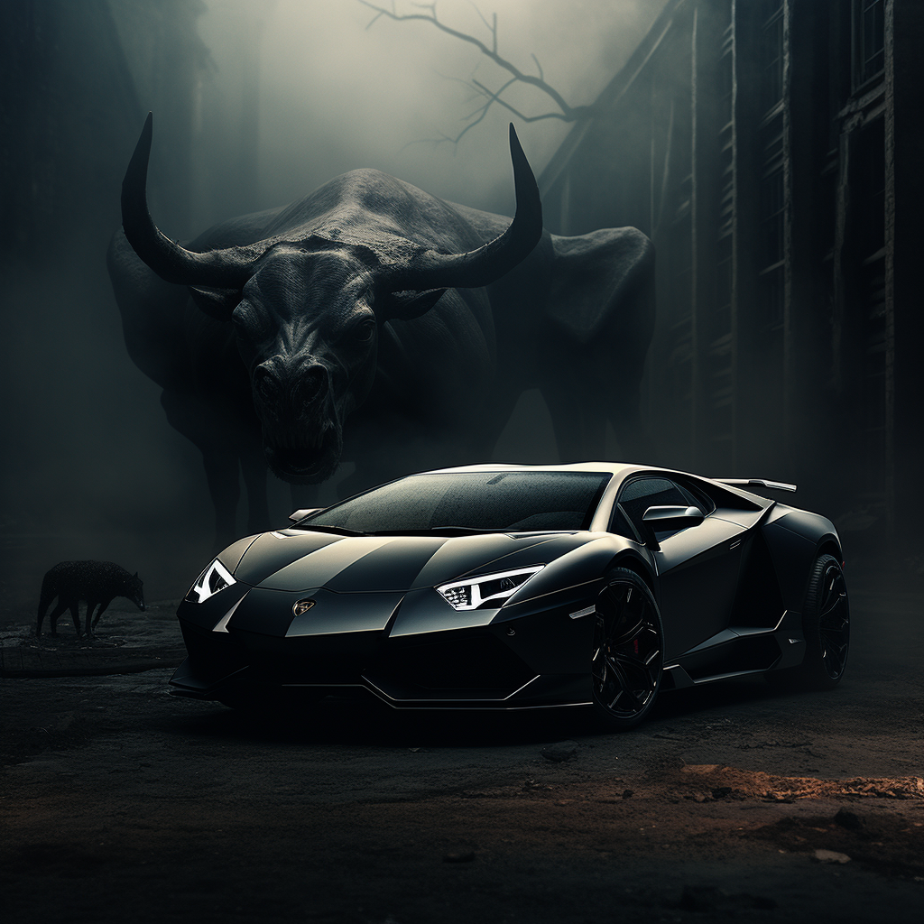 Striking black Lamborghini facing off with a bull