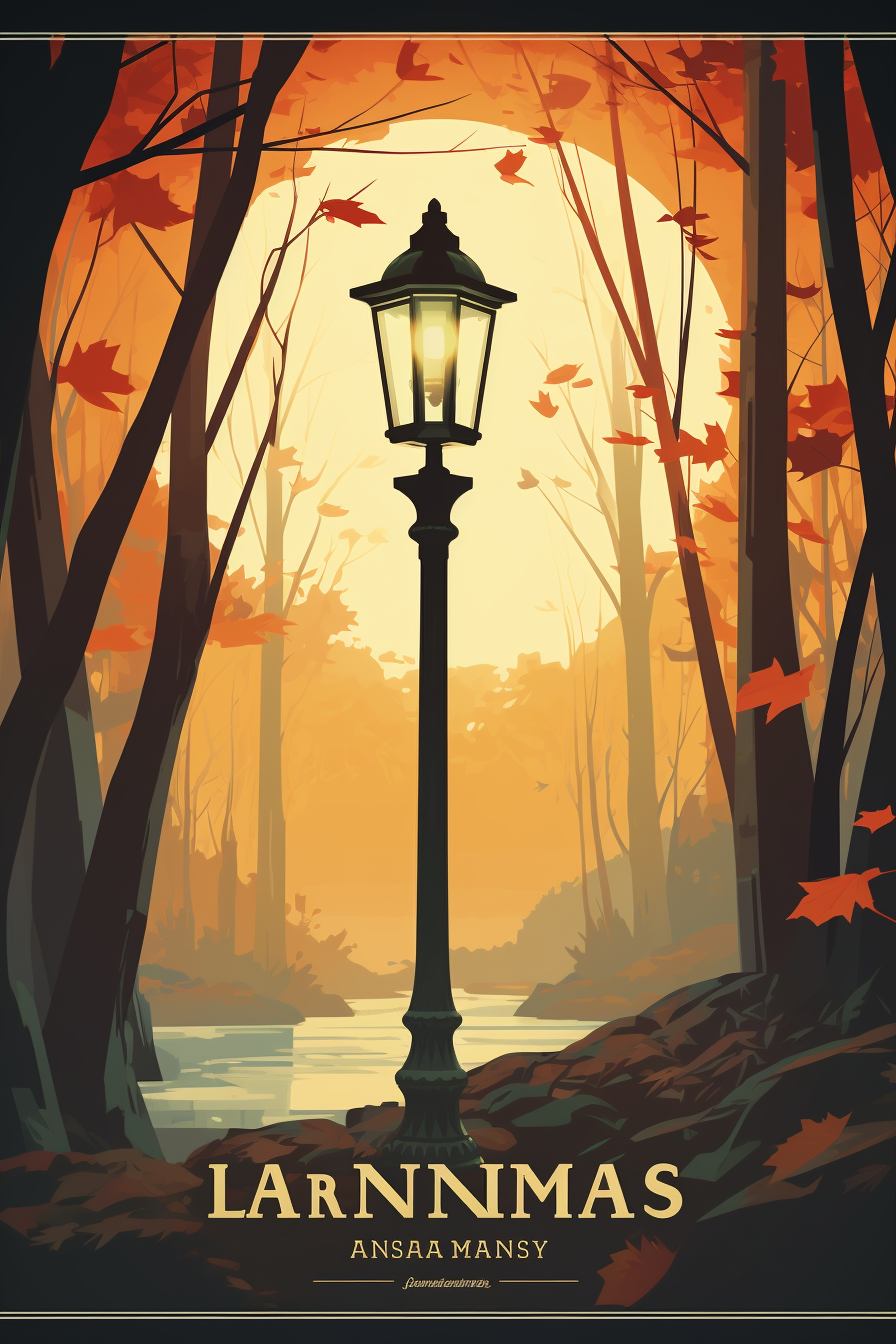 Vintage travel poster depicting lampost in woods