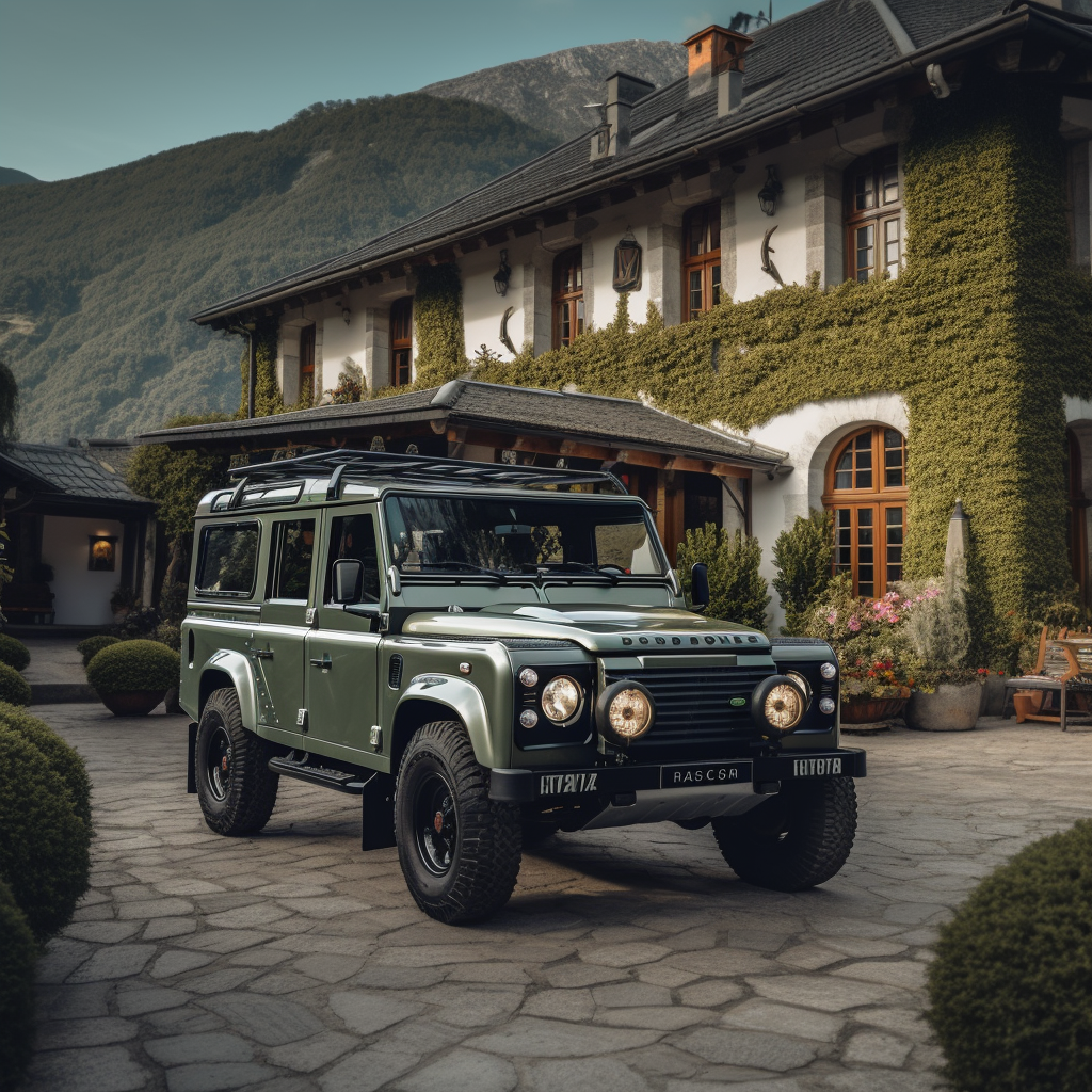 Land Rover Defender Heritage Edition in front of mountain lodge