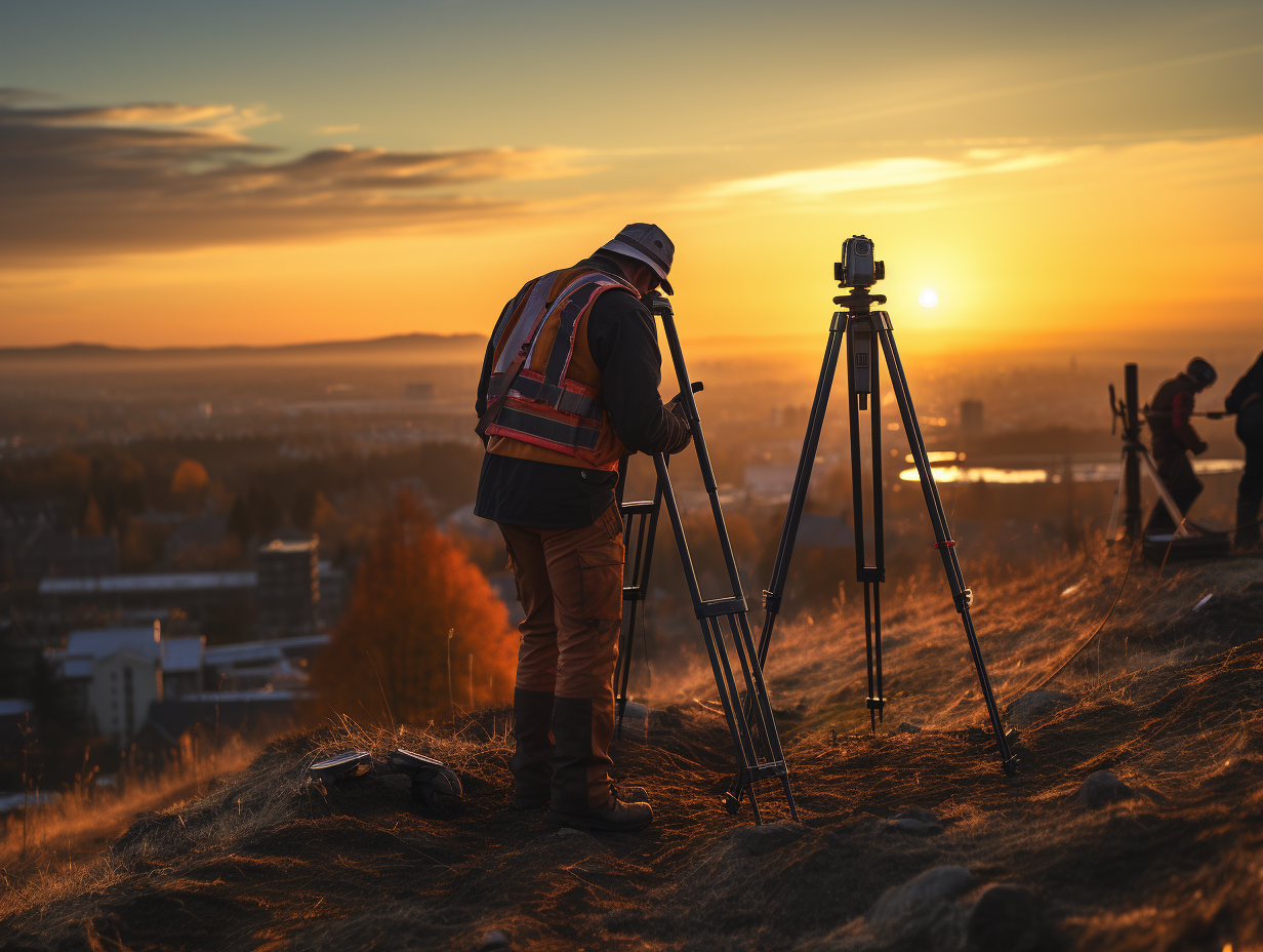 Land surveyor using total station at sunset