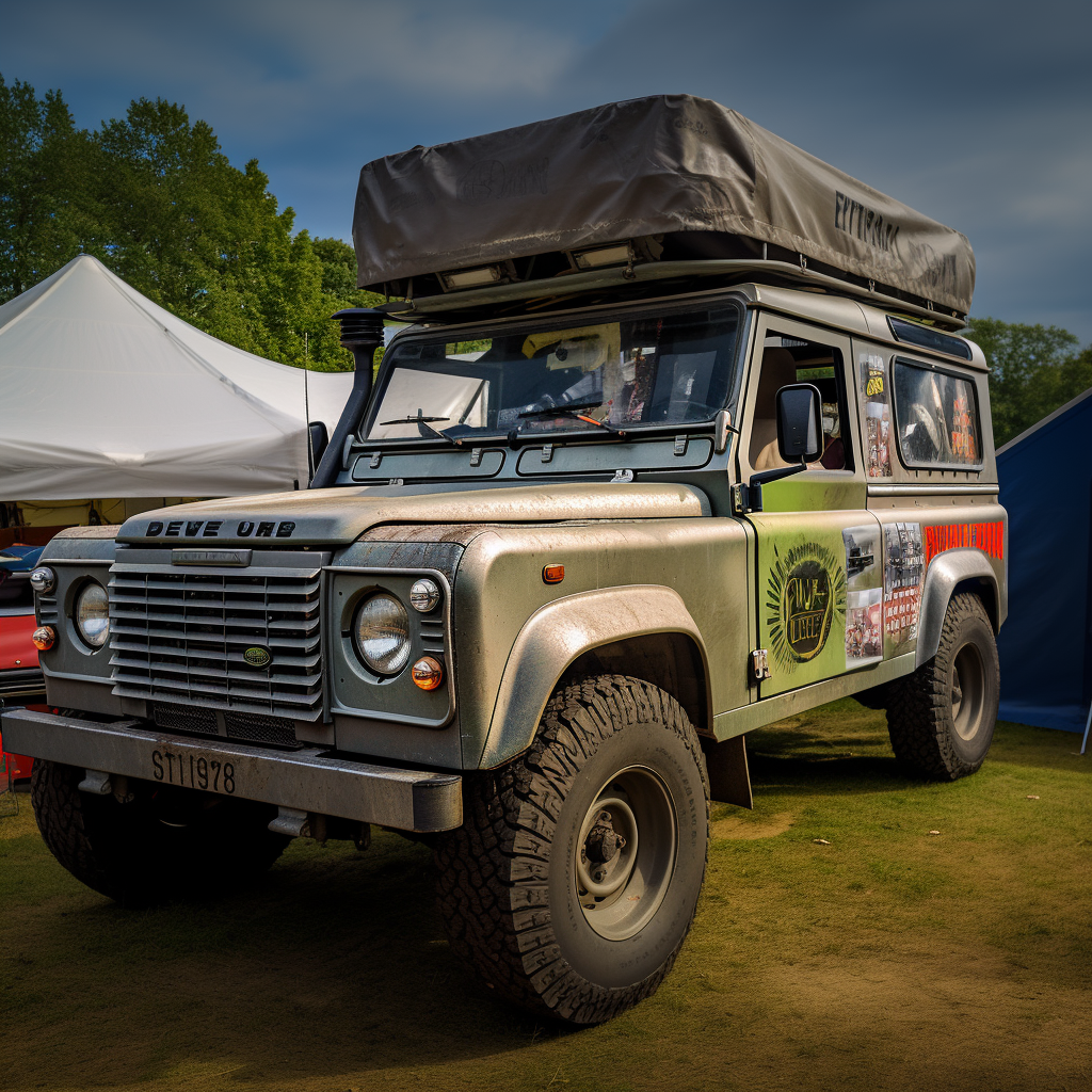 Land Rover Defender with WRC Inscriptions and Tent