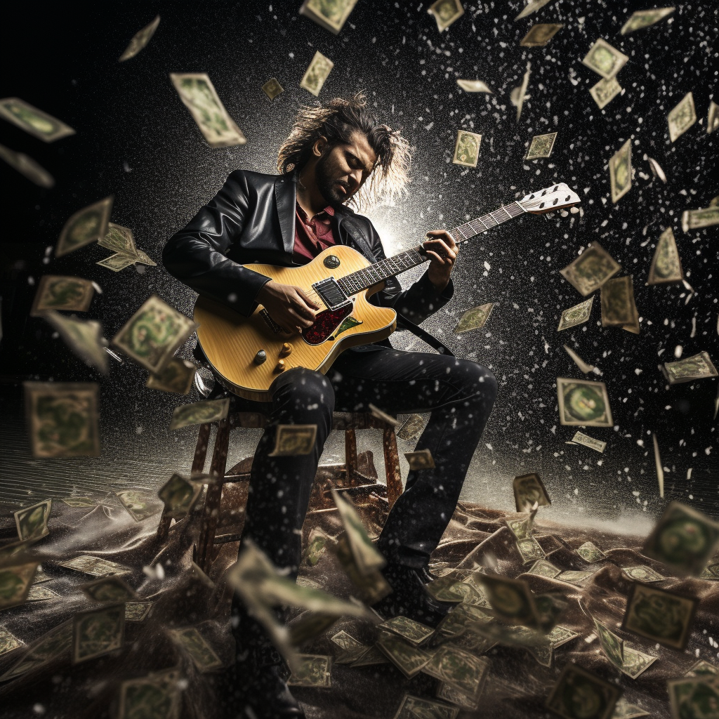 Landscape guitarist playing electric guitar in money rain