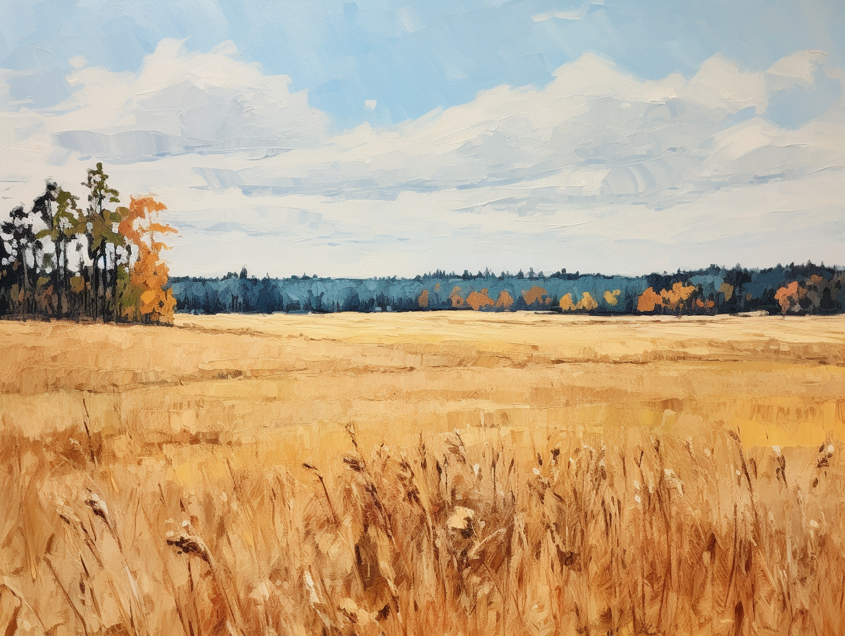 Landscape painting with blue sky, cornfield, and forest