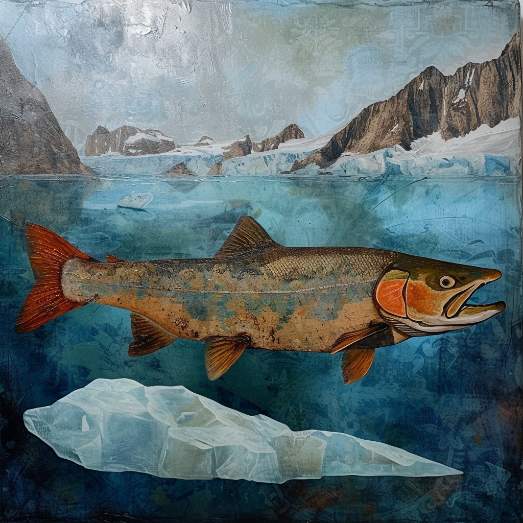 Landscape painting of fish on ice