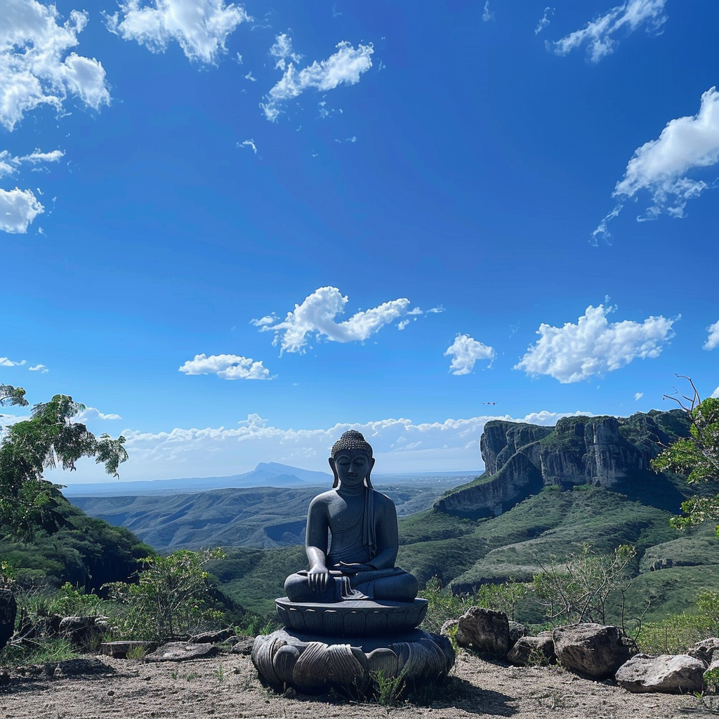 meditating buddha in blue sky