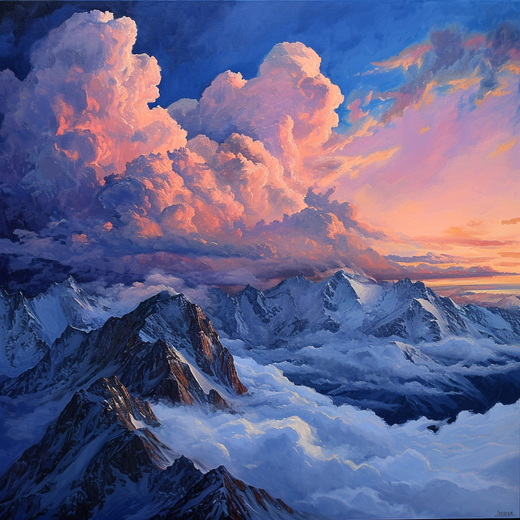 Landscape painting of mountains, clouds, sunset, snow