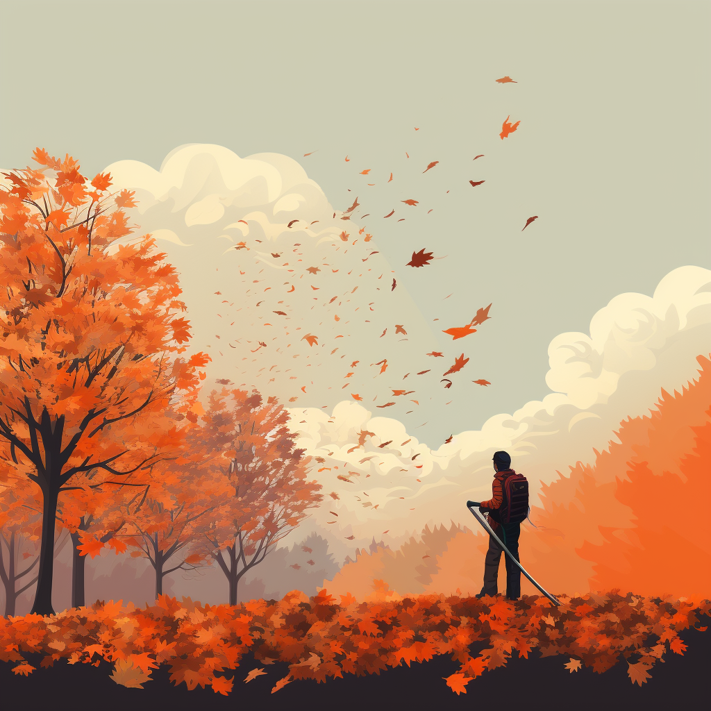 Landscaper blowing autumn leaves with leaf blower