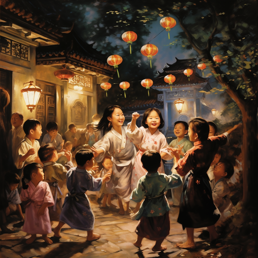 Colorful lantern festival celebration with dancing children