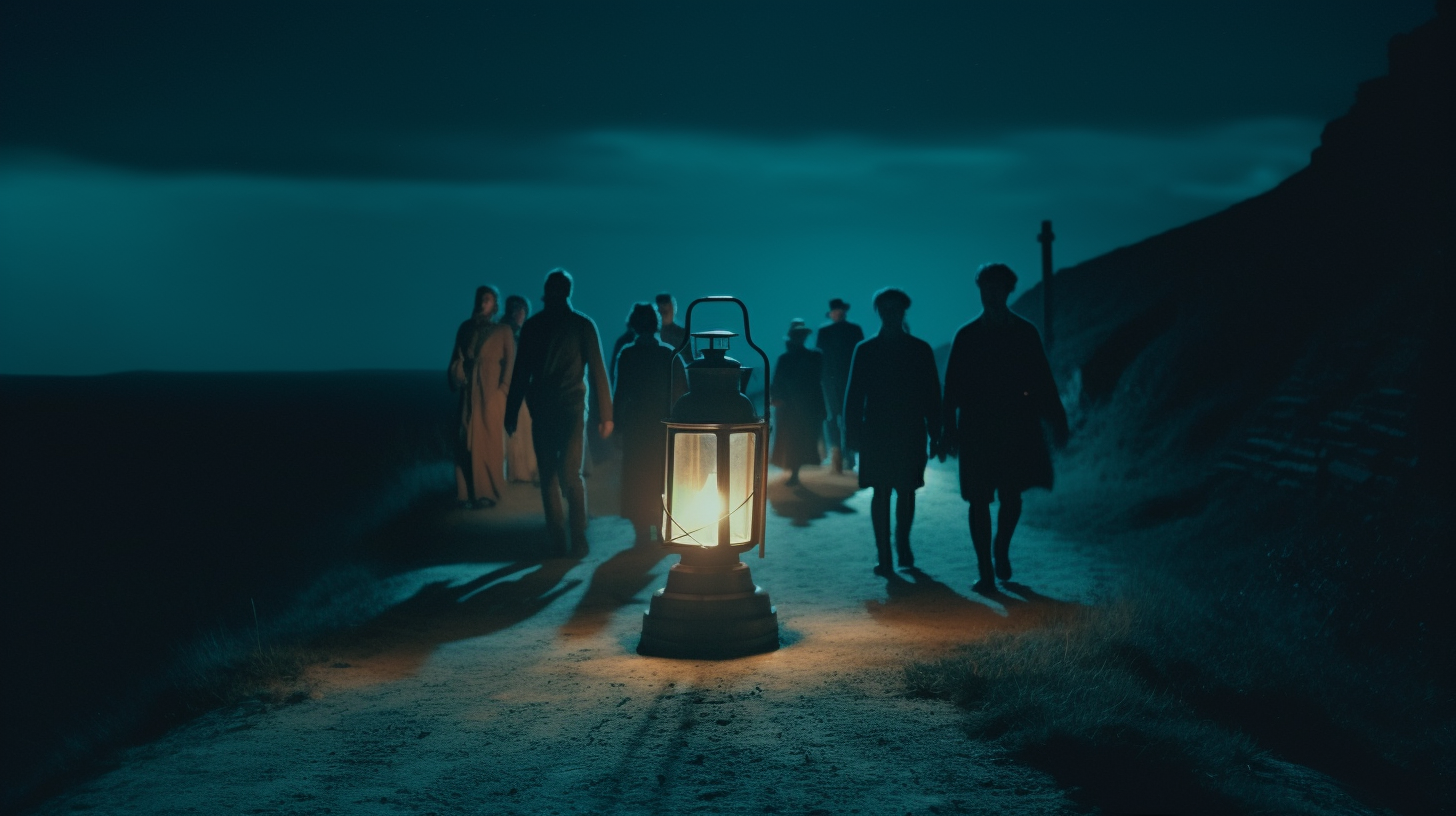 People with a lantern walking at night