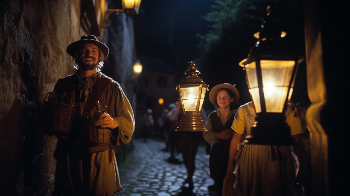 Elegantly dressed people with lantern walking at night