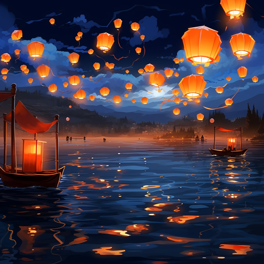 Beautiful illuminated lanterns floating on the ocean