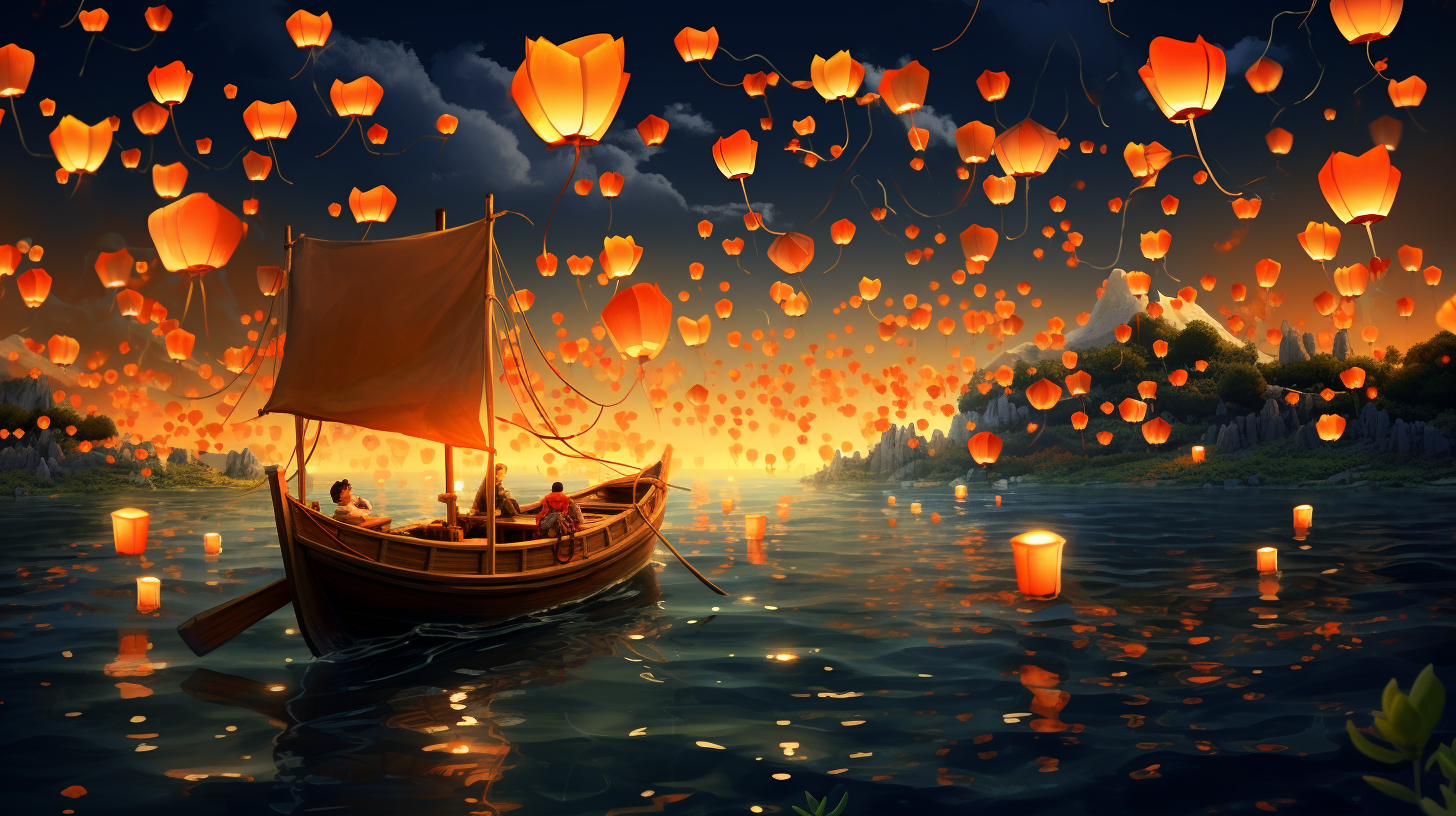 Beautiful lanterns floating on the ocean