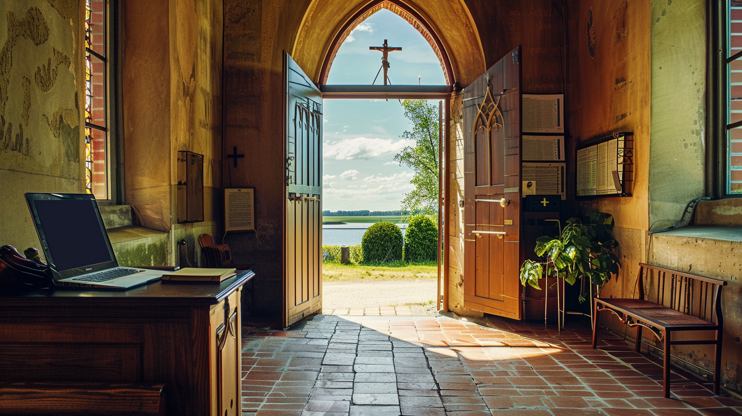 Laptop at Church Door View