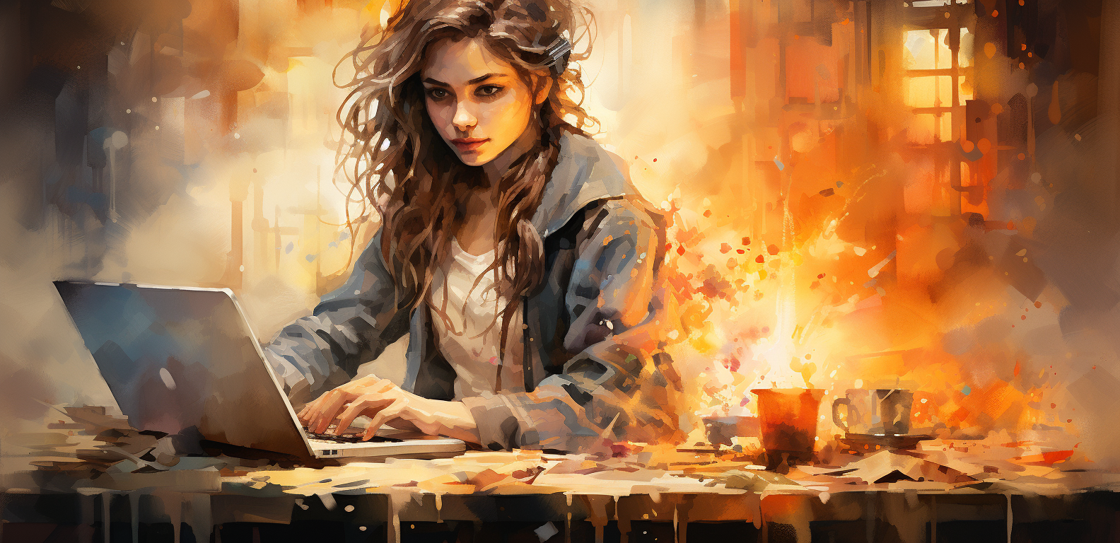 Watercolor painting of computer woman using a laptop