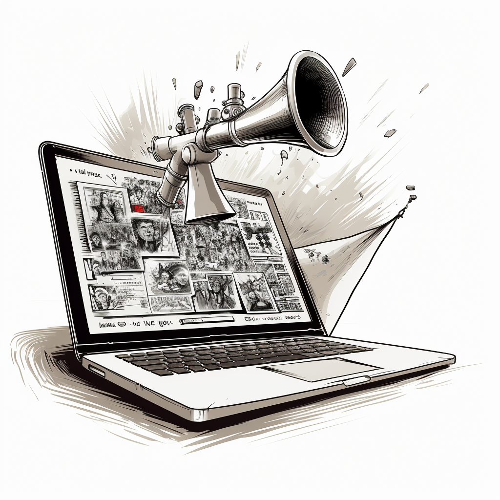 Laptop screen megaphone illustration in New Yorker style