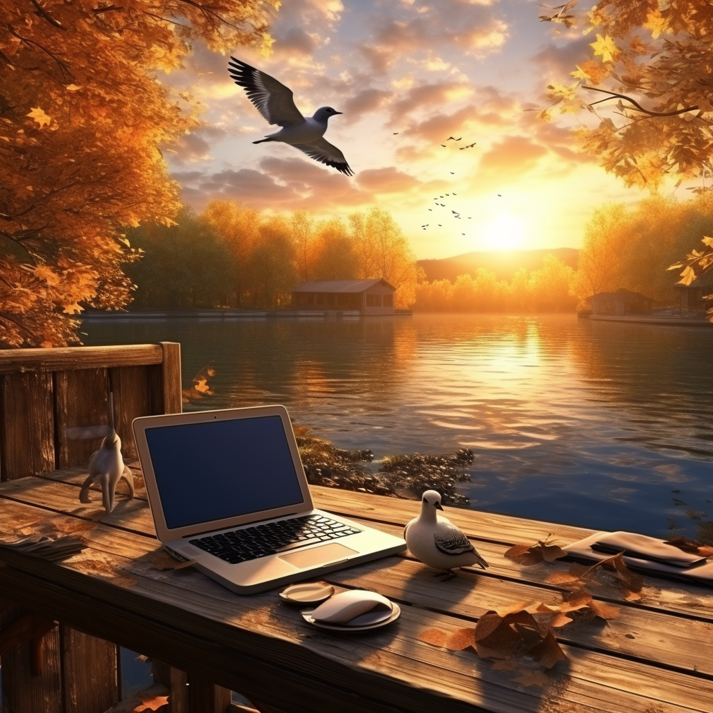 Laptop on a wooden table by a serene lake