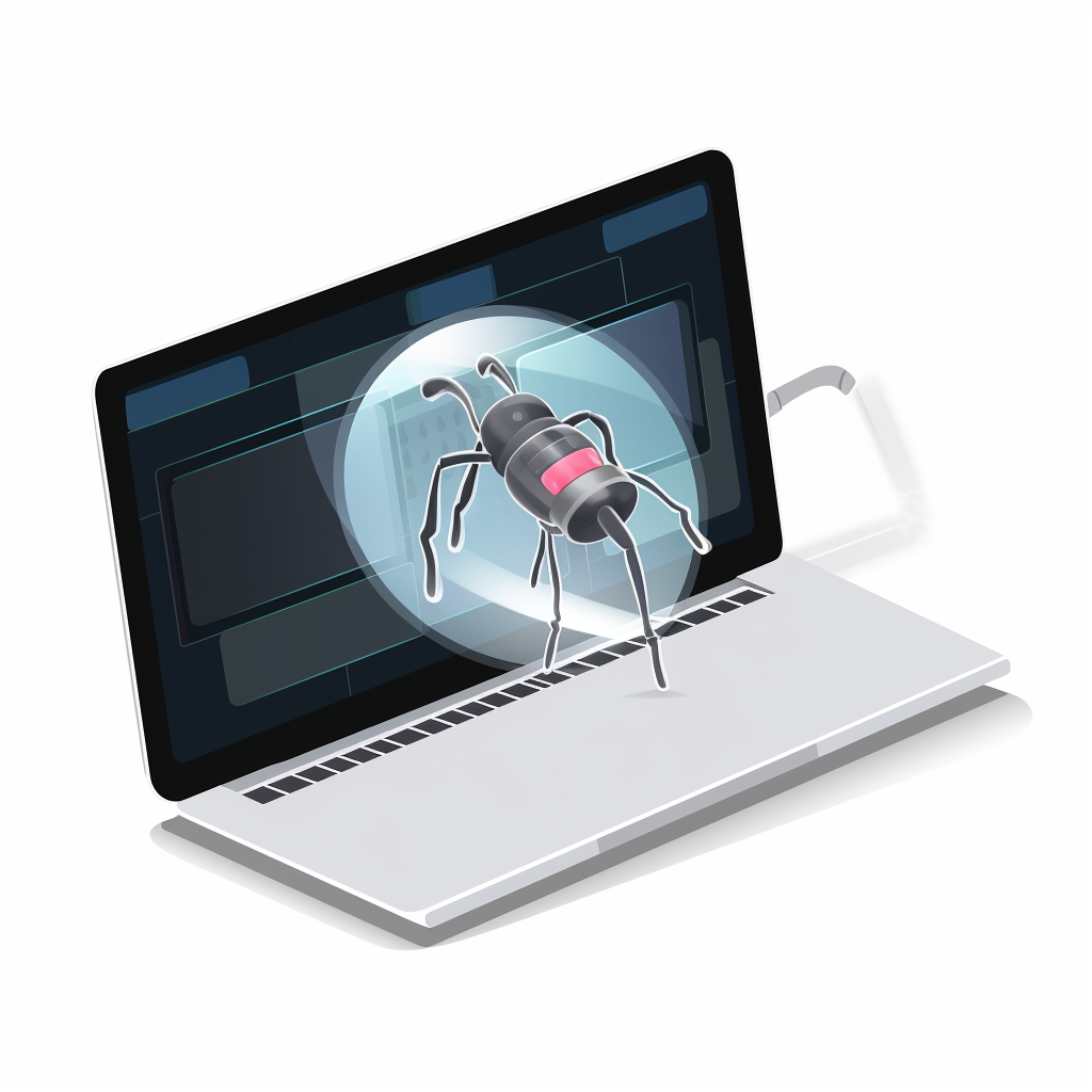 Digital robot bug with laptop and magnifying glass