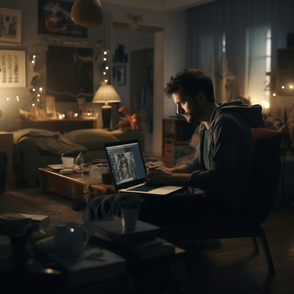 Men working on laptop in living room