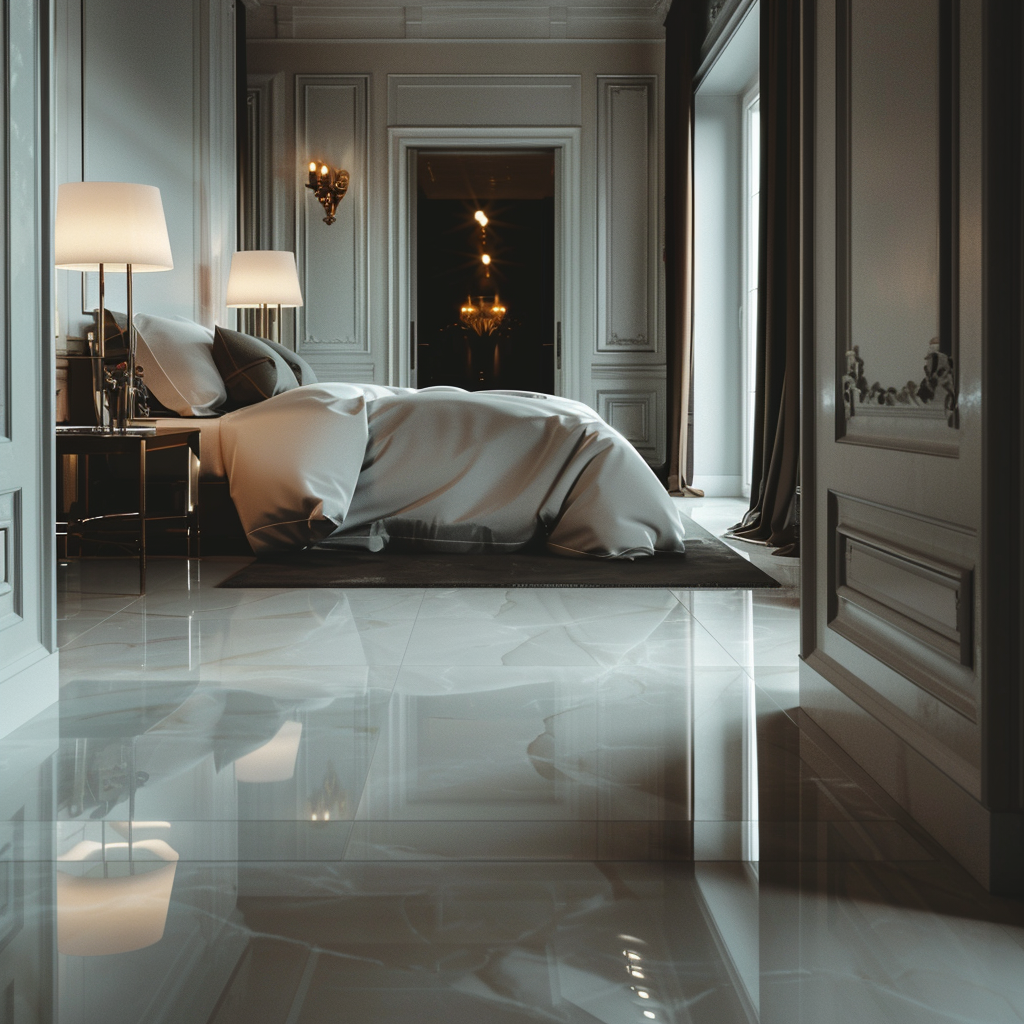 Large bedroom porcelain floor interior