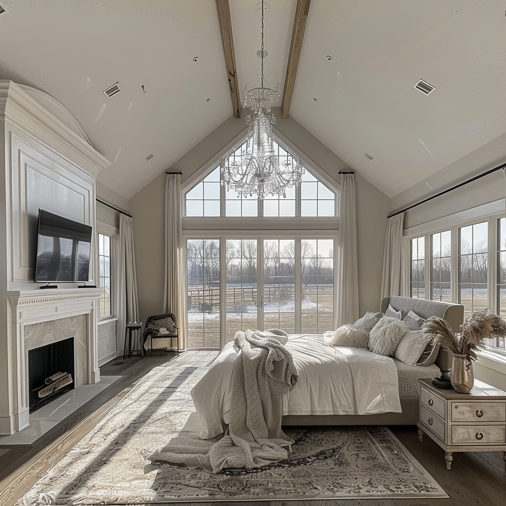 Large bedroom with chandelier and fireplace