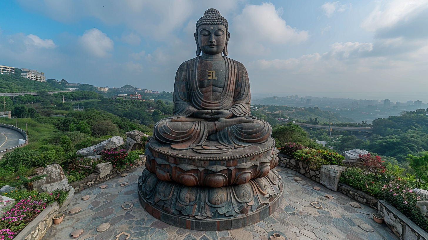 Buddha statue on cliff rocks