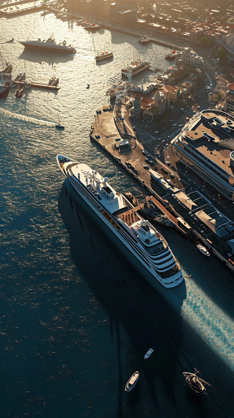 Aerial view of large cruise ship anchoring