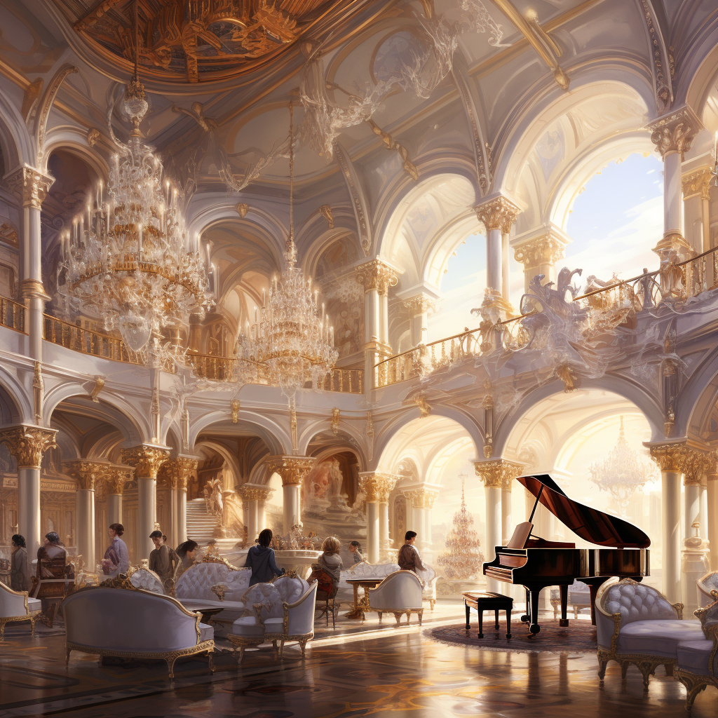 Elegant common room with musicians playing