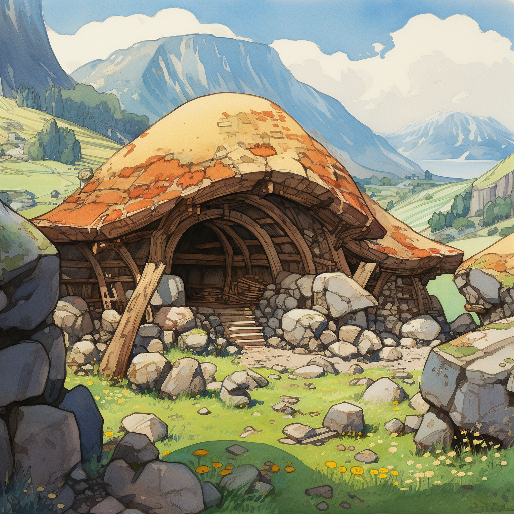 Illustration of a Large Hut in a Valley